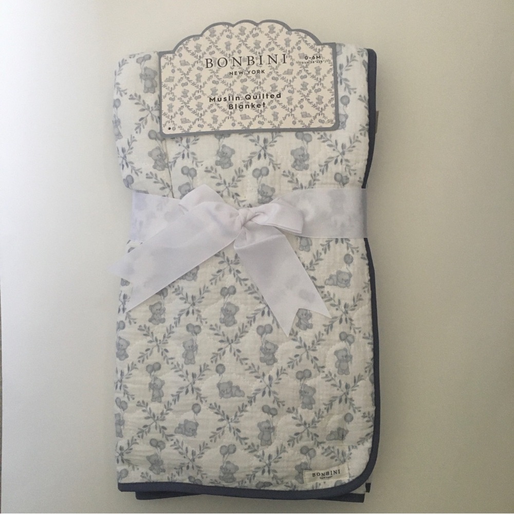 Cotton Muslin Quilted Infant Blanket Blue Bears Balloons Bonbini Baby Gift NEW